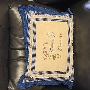 Blue white embroidered pillow "Amazing Grace" Cottagecore Country Hand Stitch